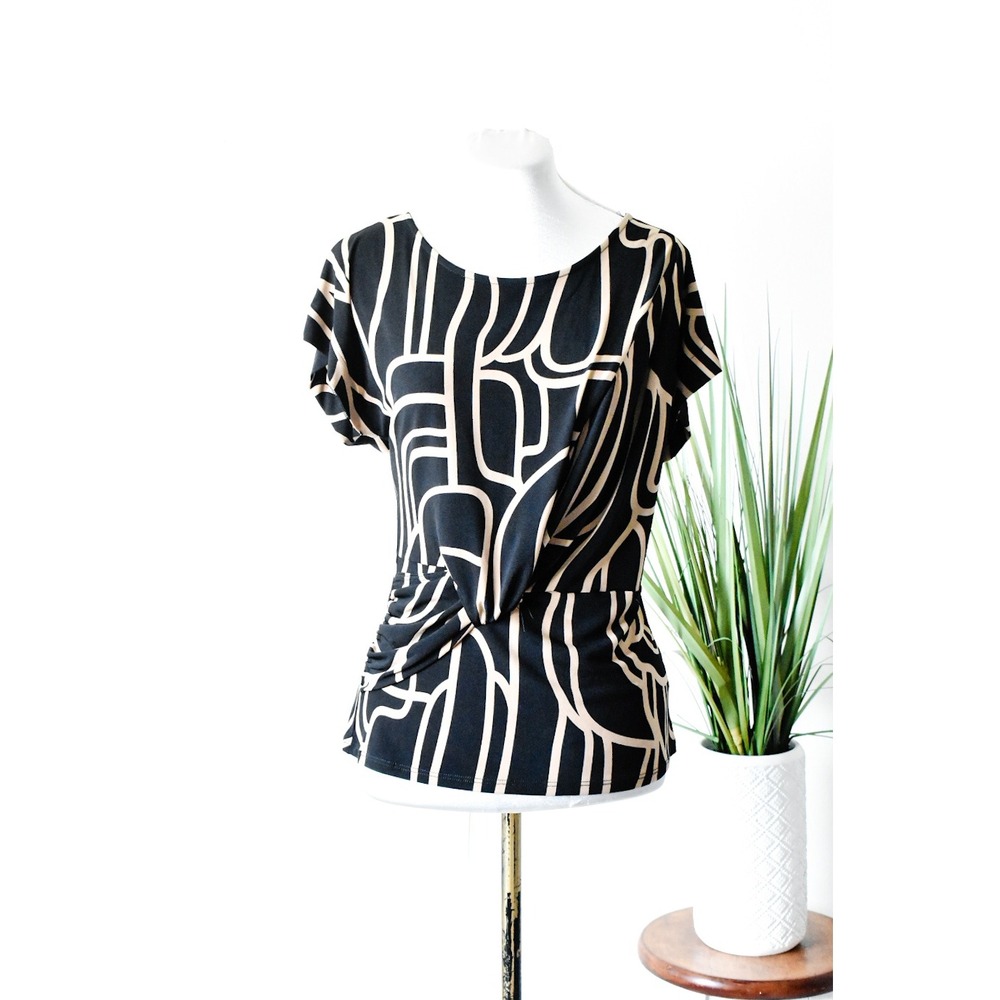 Beacon Apparel Blouse Women S Black Tan Modern Abstract Knot Twist Front Top Y2K